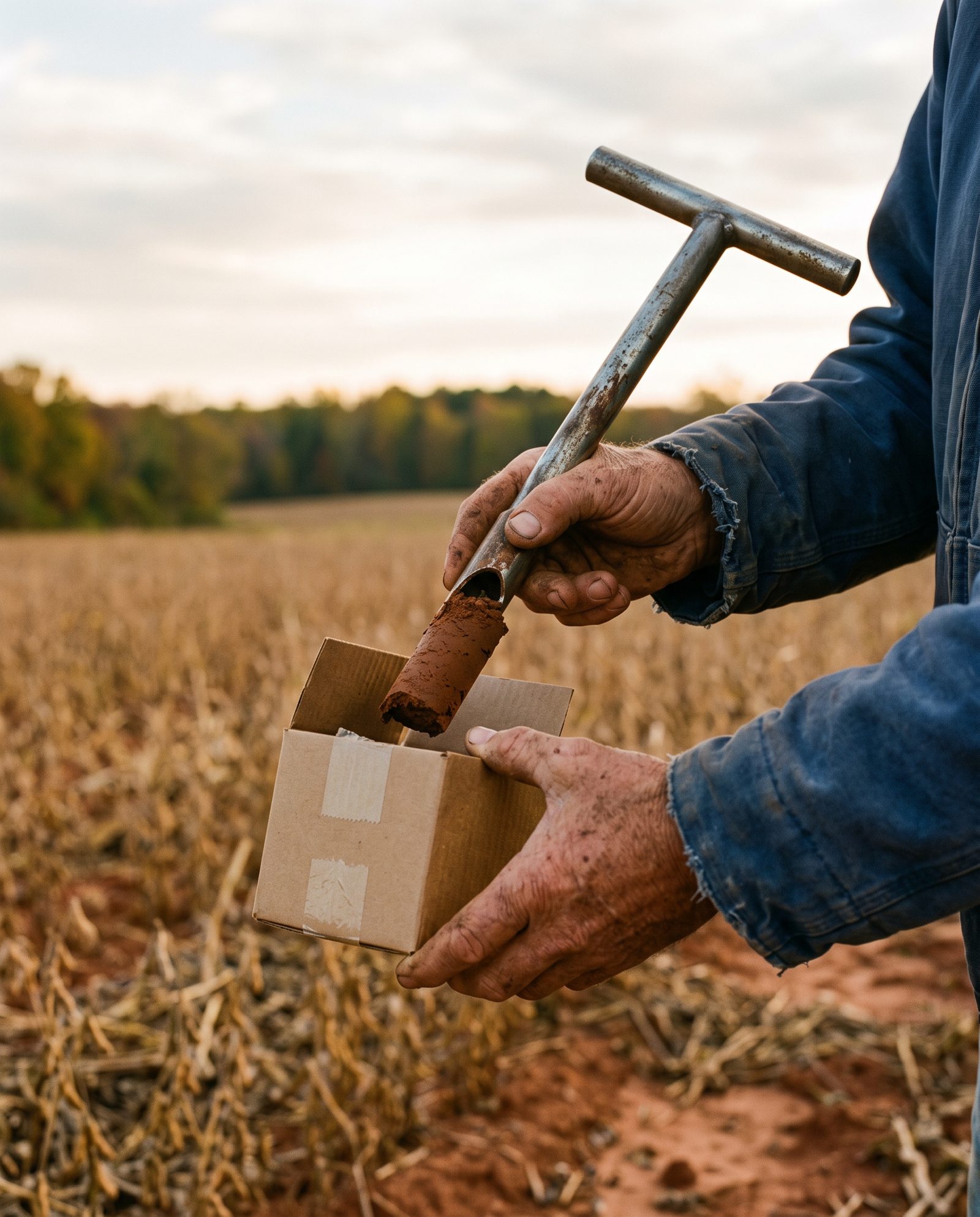 Farmer's hands dropping a red clay soil core from a probe into a sample box in a harvested field