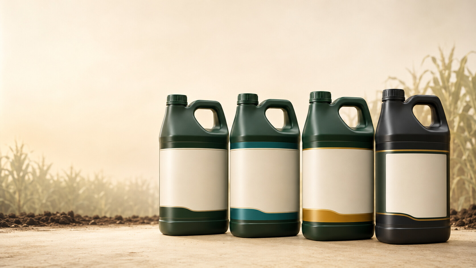 Four color-coded AgriTec liquid fertilizer jugs lined up in a studio with a corn-field silhouette behind them