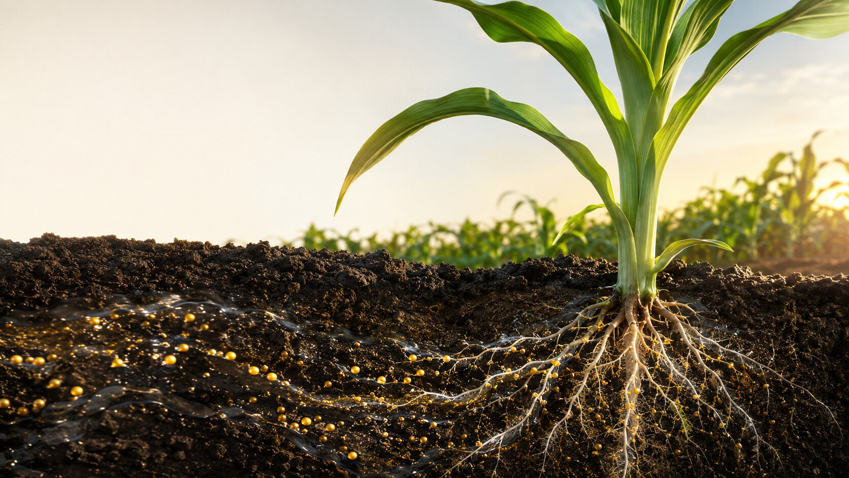 Corn plant and root-zone cutaway showing moisture moving from soil into fine root hairs