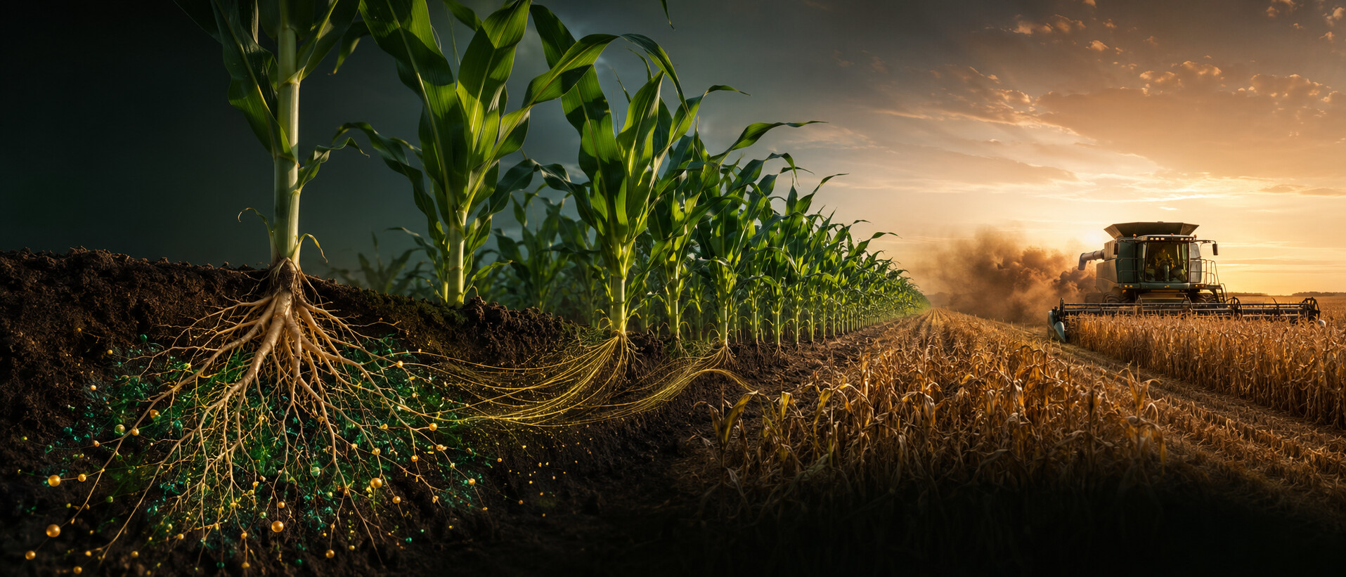 Root-zone soil cutaway transitioning to healthy corn rows and a combine harvesting at sunset