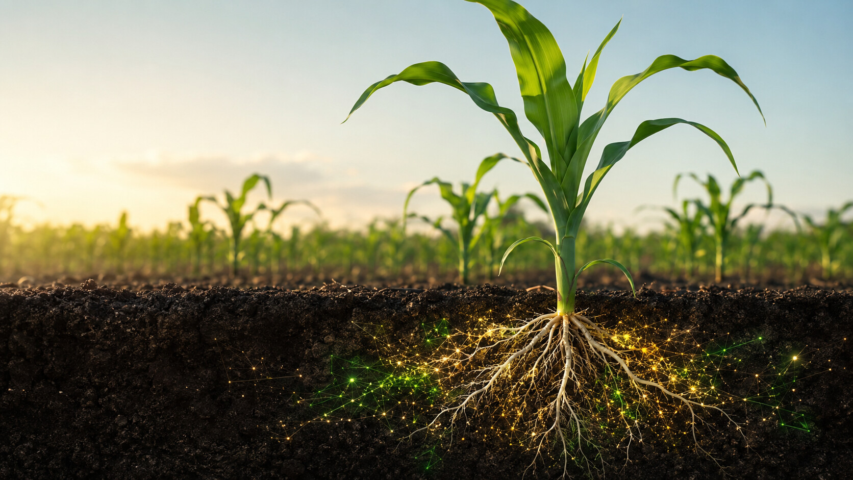 Young corn plant in a soil cutaway with fine roots spreading through dark loam