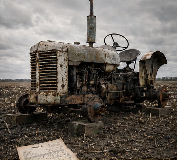 A derelict antique tractor sitting in a bare, muddy field