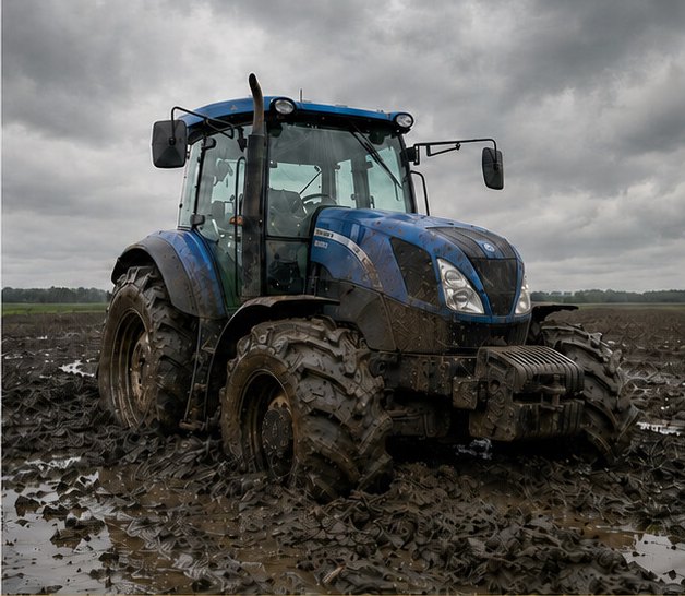 A modern tractor bogged down in heavy mud in an unplanted field