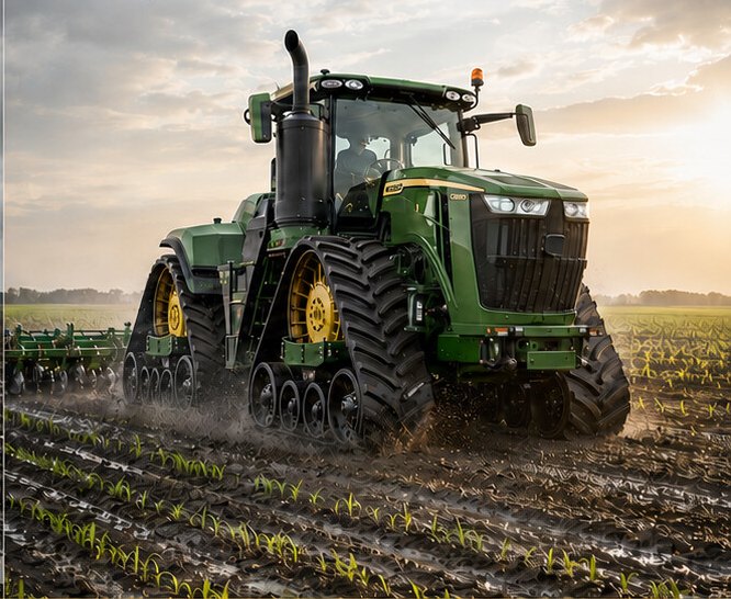 A modern tracked tractor moving through an established green corn stand at sunrise